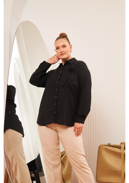 Büyük Beden Gül Aksesuarlı Gömlek Siyah indirimleri