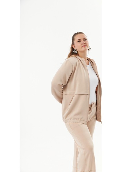 Büyük Beden Kapüşon ve Fermuarlı Modal Sweatshirt Vizon fiyatları