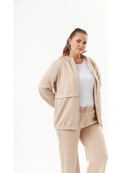 Büyük Beden Kapüşon ve Fermuarlı Modal Sweatshirt Vizon modelleri
