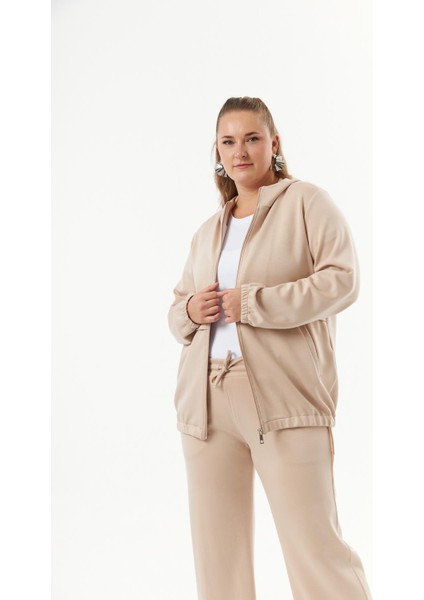 Büyük Beden Kapüşon ve Fermuarlı Modal Sweatshirt Vizon fırsatları