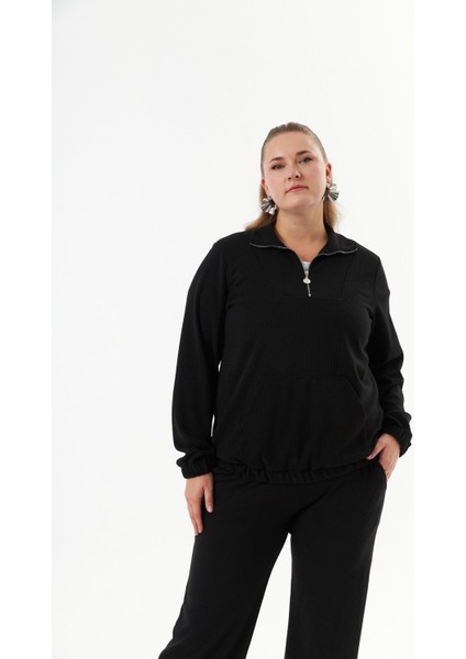 Büyük Beden Yakası Fermuarlı Sweatshirt Siyah