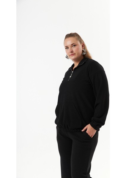 Büyük Beden Yakası Fermuarlı Sweatshirt Siyah fiyatları