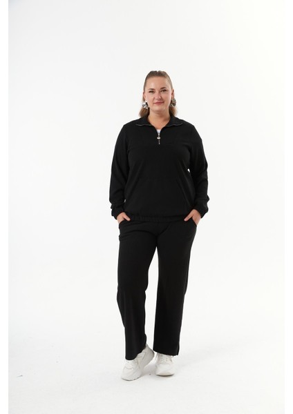 Büyük Beden Yakası Fermuarlı Sweatshirt Siyah modelleri