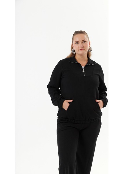 Büyük Beden Yakası Fermuarlı Sweatshirt Siyah fırsatları