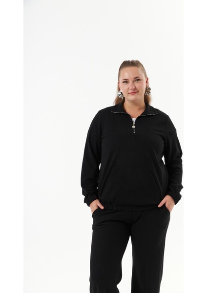 Büyük Beden Yakası Fermuarlı Sweatshirt Siyah indirimleri