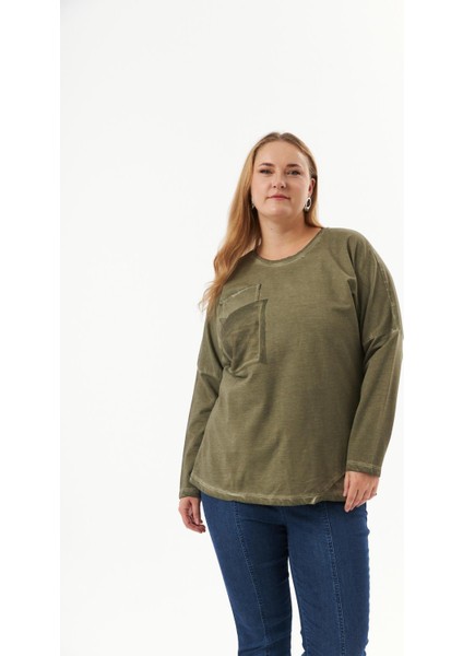 Büyük Beden Cep Detay Parça Boya Sweatshirt Haki fiyatları