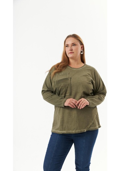 Büyük Beden Cep Detay Parça Boya Sweatshirt Haki modelleri