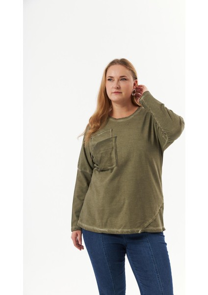 Büyük Beden Cep Detay Parça Boya Sweatshirt Haki fırsatları