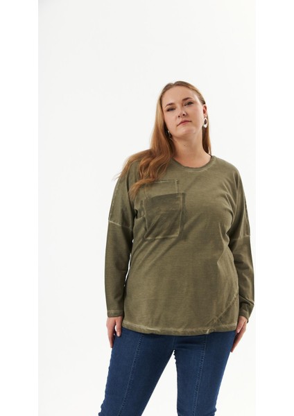 Büyük Beden Cep Detay Parça Boya Sweatshirt Haki indirimleri