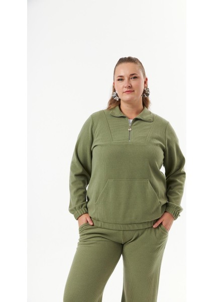 Büyük Beden Yakası Fermuarlı Sweatshirt Haki