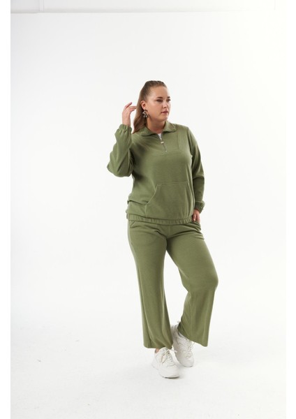 Büyük Beden Yakası Fermuarlı Sweatshirt Haki fiyatları