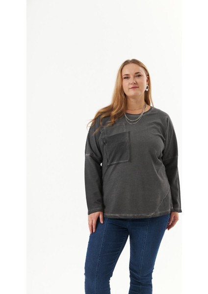 Büyük Beden Cep Detay Parça Boya Sweatshirt Füme