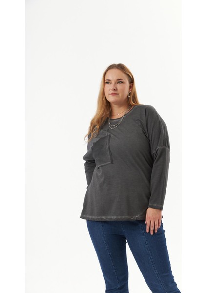 Büyük Beden Cep Detay Parça Boya Sweatshirt Füme fiyatları