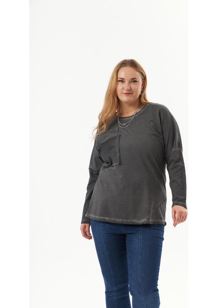 Büyük Beden Cep Detay Parça Boya Sweatshirt Füme modelleri