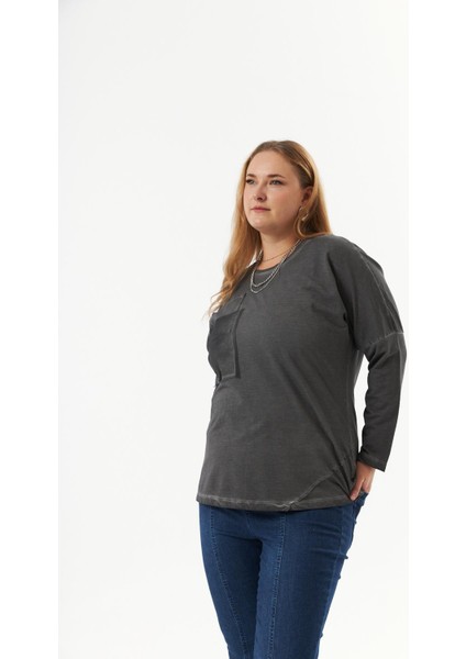 Büyük Beden Cep Detay Parça Boya Sweatshirt Füme fırsatları