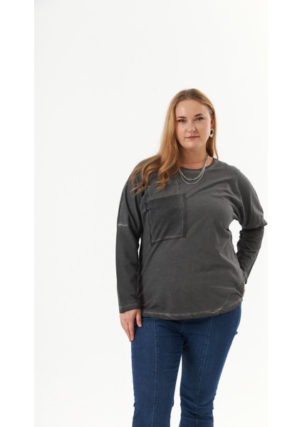 Büyük Beden Cep Detay Parça Boya Sweatshirt Füme indirimleri