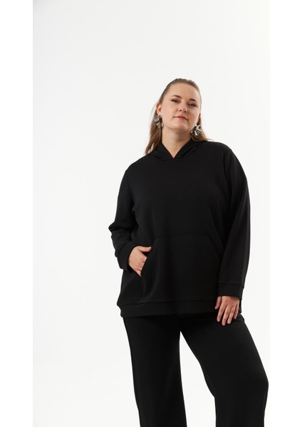 Büyük Beden Kanguru Cepli Modal Sweatshirt Siyah