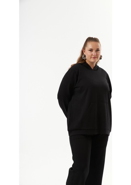 Büyük Beden Kanguru Cepli Modal Sweatshirt Siyah