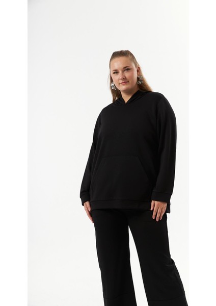 Büyük Beden Kanguru Cepli Modal Sweatshirt Siyah