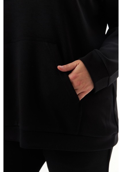 Büyük Beden Kanguru Cepli Modal Sweatshirt Siyah