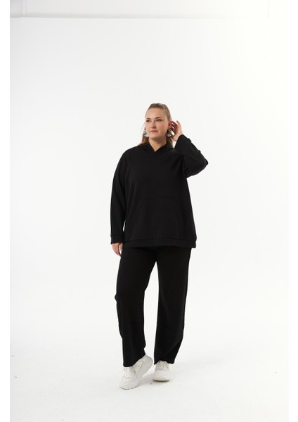 Büyük Beden Kanguru Cepli Modal Sweatshirt Siyah