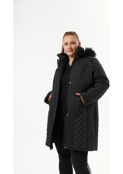 Büyük Beden Kapüşonlu Şişme Mont Siyah fiyatları