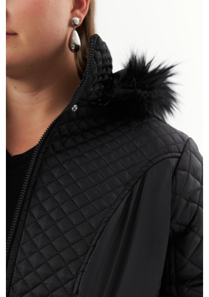 Büyük Beden Kapüşonlu Şişme Mont Siyah modelleri