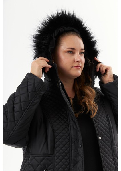 Büyük Beden Kapüşonlu Şişme Mont Siyah indirimleri