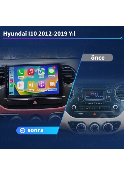 Hyundai I10 (2012-2019 Yıl)2Gb Ram +32Gb Rom Hafıza Multimedya Android Sürüm 13 Kablosuz Carplay Navigasyon 9 Inç Ekran Çerçeveli ve arka görüş kameralı