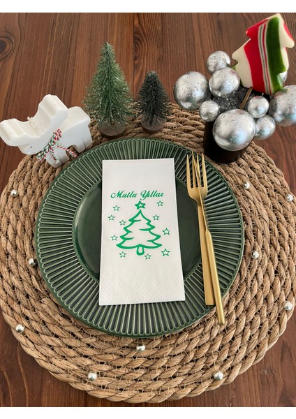 Yeşil Yaldızlı Beyaz Mutlu Yıllar Çam Ağacı Peçete 16 Lı
