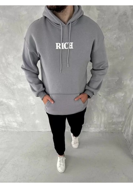 Uzun Kol Kapşonlu Göğüs Baskılı Sweatshirt - Gri