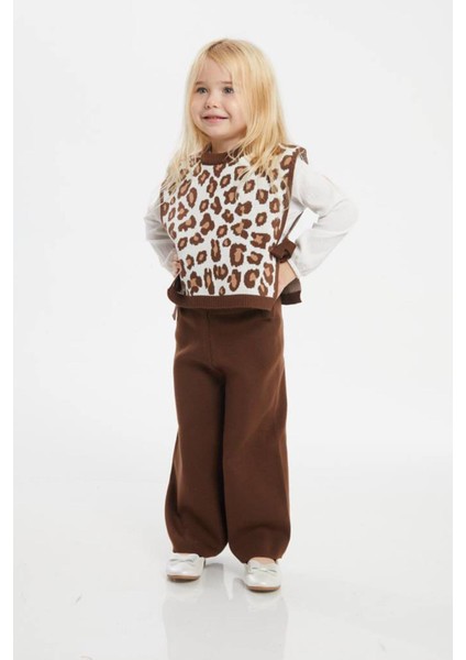 (2-7 Yaş) Leopar Desen Süveterli Triko 3 Lü Kız çocuk takım - Kahverengi fırsatları