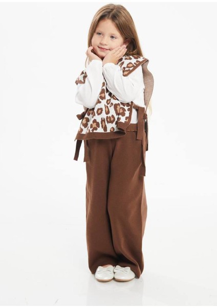 (2-7 Yaş) Leopar Desen Süveterli Triko 3 Lü Kız çocuk takım - Kahverengi indirimleri