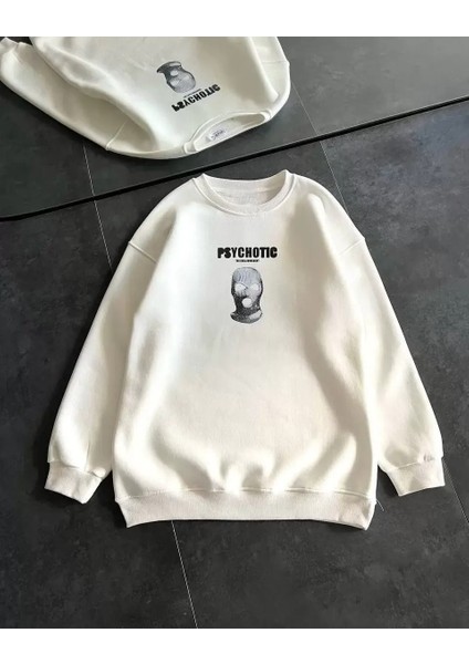 Kışlık Bisiklet Yaka Baskılı Sweatshirt - Beyaz