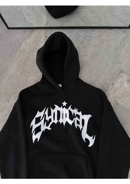 Kışlık Kapşonlu Baskılı Oversize Sweatshirt- Siyah