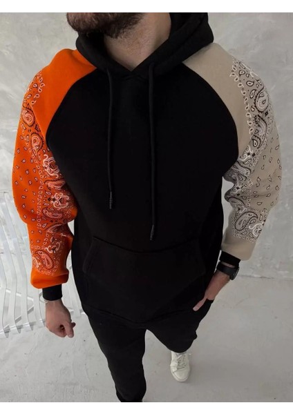 Üç Iplik Penye Kapşonlu Parçalı Sweatshirt - Siyah