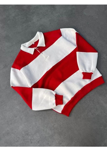 Unisex Üç Iplik Parçalı Yakalı Sweatshirt - Kırmızı