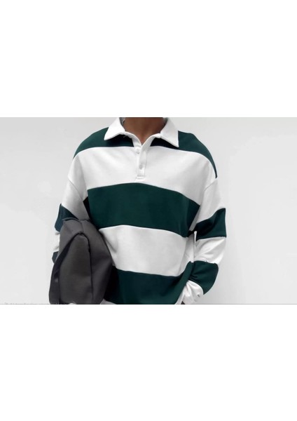 Unisex Üç Iplik Parçalı Yakalı Sweatshirt - Yeşil