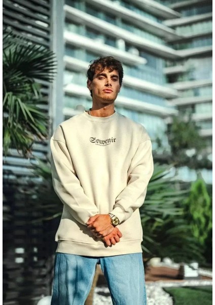 Oversize Bisiklet Yaka Baskılı Sweatshirt - Beyaz
