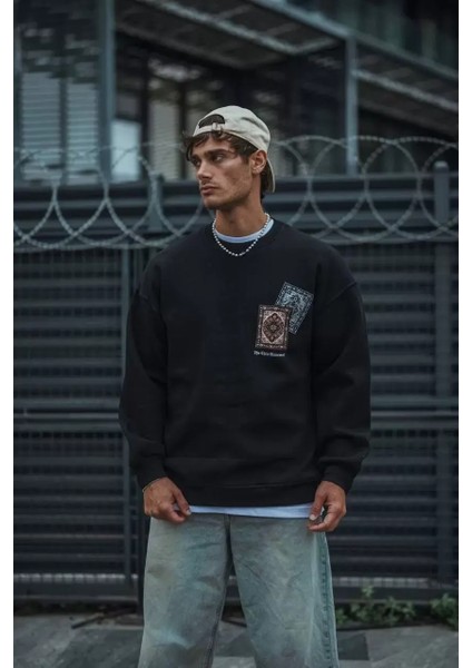 Uzun Kol Bisiklet Yaka Baskılı Sweatshirt - Siyah fiyatları