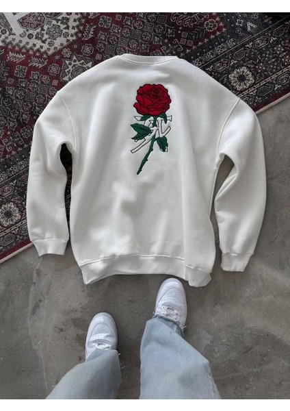 Unisex Bisiklet Yaka Ön ve Arka Baskılı Sweatshirt - Beyaz