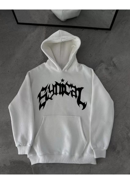 Kışlık Kapşonlu Baskılı Oversize Sweatshirt- Beyaz