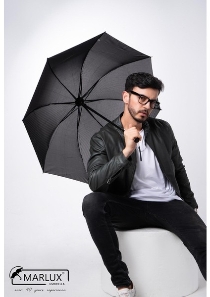 Siyah Gri Ekose Unisex Yarasa Tip Kırılmaz Şemsiye M21MAR077R002