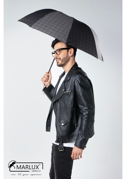 Siyah Ekose Unisex Yarasa Tip Kırılmaz Şemsiye M21MAR077R004