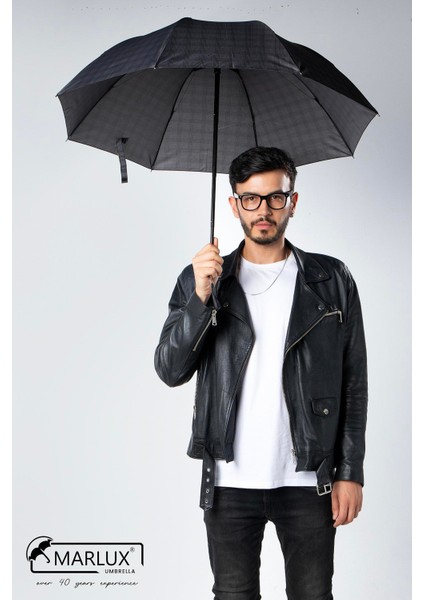 Siyah Ekose Unisex Yarasa Tip Kırılmaz Şemsiye M21MAR077R004