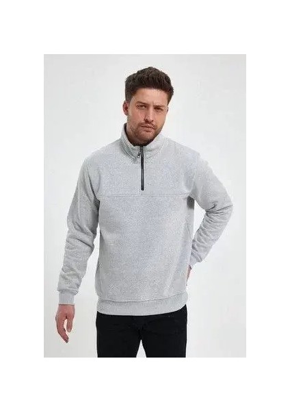 Oversize Yarım Farmuarlı Yakalı Basic Sweatshirt - Gri