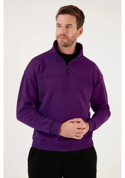 Oversize Yarım Farmuarlı Yakalı Basic Sweatshirt - Mor