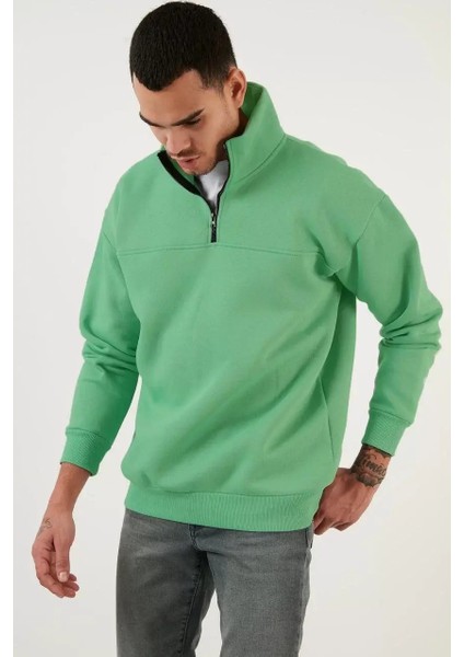 Oversize Yarım Farmuarlı Yakalı Basic Sweatshirt - Yeşil