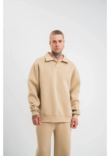 Unisex Double Oversize Patlı Yaka Sweatshirt - Bej