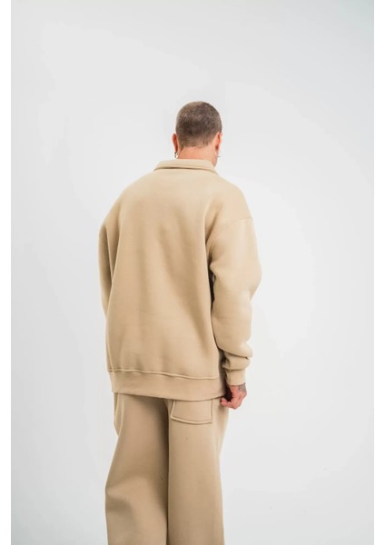 Unisex Double Oversize Patlı Yaka Sweatshirt - Bej